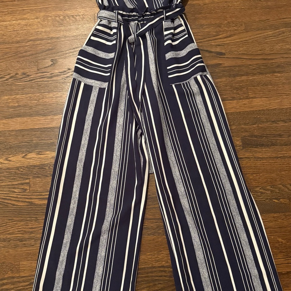 Monteau Blue and White Wide Leg Jumpsuit with Tie Waist